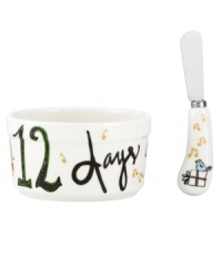 Let the countdown begin. This dip bowl and spreader from Lenox's collection of serveware and serving dishes add a festive note to holiday tables, with charming watercolor motifs that illustrate the classic holiday carol, the 12 Days of Christmas. Let the countdown begin. This dip bowl and spreader from Lenox's collection of serveware and serving dishes add a festive note to holiday tables, with charming watercolor motifs that illustrate the classic holiday carol, the 12 Days of Christmas.