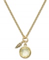 Tickle your fashion sense with this Juicy Couture charm necklace. A circular glass stone in alluring hues is paired with a feather charm for a sweet finishing touch. Crafted in gold tone mixed metal. Approximate length: 16 inches. Approximate drop: 1-1/2 inches.