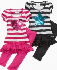 When she runs her hands over the graphic on this tunic from Beautees she can turn the sequins silver! The set is a hit with ruffles and matching leggings. When she runs her hands over the graphic on this tunic from Beautees she can turn the sequins silver! The set is a hit with ruffles and matching leggings.