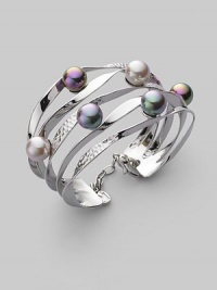 From the Ribbon Collection. Graceful ribbons, some smooth, some textured, hold lustrous pearls in a spectrum of soft shades. 10mm round white, grey and nuage man-made organic pearls Sterling silver Diameter, about 2¼ Width, about 1½ Lobster clasp Made in Spain From the Ribbon Collection. Graceful ribbons, some smooth, some textured, hold lustrous pearls in a spectrum of soft shades. 10mm round white, grey and nuage man-made organic pearls Sterling silver Diameter, about 2¼ Width, about 1½ Lobster clasp Made in Spain