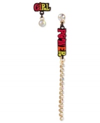 To show you're a real wonder woman, it doesn't hurt to have some girl power first. This pair of mismatch earrings from Betsey Johnson is crafted from gold-tone mixed metal with glass crystal accents for a glistening touch. Approximate drop: 3/4-3-3/4 inches. To show you're a real wonder woman, it doesn't hurt to have some girl power first. This pair of mismatch earrings from Betsey Johnson is crafted from gold-tone mixed metal with glass crystal accents for a glistening touch. Approximate drop: 3/4-3-3/4 inches.