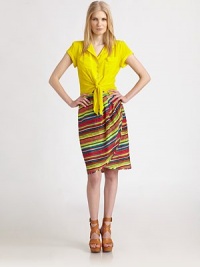 Candy-colored striping pops on woven silk in this flattering wrap-front silhouette.High waistbandPleating below waistWrap-frontCenter back zipperAbout 24 longSilkDry cleanMade in USA of imported fabricModel shown is 5'10 (177cm) wearing US size 4. Candy-colored striping pops on woven silk in this flattering wrap-front silhouette.High waistbandPleating below waistWrap-frontCenter back zipperAbout 24 longSilkDry cleanMade in USA of imported fabricModel shown is 5'10 (177cm) wearing US size 4.