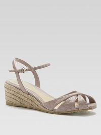 A hemp espadrille wedge elevates this logo-printed leather sandal. Hemp wedge, 1½ (40mm)Adjustable ankle strapLeather upperLeather liningRubber solePadded insoleMade in Italy A hemp espadrille wedge elevates this logo-printed leather sandal. Hemp wedge, 1½ (40mm)Adjustable ankle strapLeather upperLeather liningRubber solePadded insoleMade in Italy