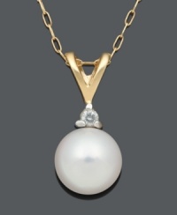 Spell out sophistication with a simple pearl. Pendant features a cultured freshwater pearl (7-7-1/2 mm) with a single diamond accent. Crafted in 14k gold. Approximate length: 18 inches. Approximate drop: 3/8 inch. Spell out sophistication with a simple pearl. Pendant features a cultured freshwater pearl (7-7-1/2 mm) with a single diamond accent. Crafted in 14k gold. Approximate length: 18 inches. Approximate drop: 3/8 inch.
