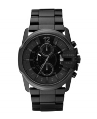 Diesel takes this classic chronograph watch into the black. Black ion-plated stainless steel bracelet and round case, 49x45mm. Bezel engraved with logo at three o'clock. Black sunray chronograph dial features applied and printed stick indices, numeral at twelve o'clock, date window at three o'clock, three subdials and luminous hands. Quartz movement. Water resistant to 100 meters. Two-year limited warranty. Diesel takes this classic chronograph watch into the black. Black ion-plated stainless steel bracelet and round case, 49x45mm. Bezel engraved with logo at three o'clock. Black sunray chronograph dial features applied and printed stick indices, numeral at twelve o'clock, date window at three o'clock, three subdials and luminous hands. Quartz movement. Water resistant to 100 meters. Two-year limited warranty.
