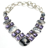 Gift of Nature White Dendritic Opal and Purple Amethyst Sterling Silver Necklace