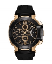 Inspired by the world of moto-racing, the T-Race watch by Tissot blends gold-winning details with speedy precision. Crafted of black rubber strap and round rose-gold PVD stainless steel case. Black chronograph dial features tachymeter scale, minute track, date window at three o'clock, three hands, numerals at six and twelve o'clock, three subdials and logo. Swiss automatic movement. Water resistant to 100 meters. Two-year limited warranty. Inspired by the world of moto-racing, the T-Race watch by Tissot blends gold-winning details with speedy precision. Crafted of black rubber strap and round rose-gold PVD stainless steel case. Black chronograph dial features tachymeter scale, minute track, date window at three o'clock, three hands, numerals at six and twelve o'clock, three subdials and logo. Swiss automatic movement. Water resistant to 100 meters. Two-year limited warranty.