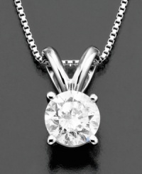 Poignant and beautiful, there is nothing quite as elegant as a single, solitary diamond. This beautiful diamond necklace features a round-cut diamond (1/2 ct. t.w.) set in 14k white gold. Approximate length: 18 inches. Approximate drop: 3/4 inch. Poignant and beautiful, there is nothing quite as elegant as a single, solitary diamond. This beautiful diamond necklace features a round-cut diamond (1/2 ct. t.w.) set in 14k white gold. Approximate length: 18 inches. Approximate drop: 3/4 inch.