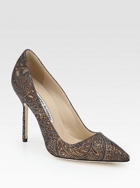 Shimmering brocade Italian fabric rendered in a classic and feminine point toe silhouette. Self-covered heel, 4¼ (110mm)Brocade fabric upperPoint toeLeather lining and solePadded insoleMade in Italy Shimmering brocade Italian fabric rendered in a classic and feminine point toe silhouette. Self-covered heel, 4¼ (110mm)Brocade fabric upperPoint toeLeather lining and solePadded insoleMade in Italy