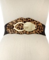 Rock the exotic trend with this posh leopard print belt from Steve madden. Genuine haircalf is accented with a golden hook buckle, for a fabulously fierce look you'll love to dress up or down.