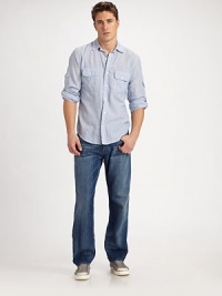 EXCLUSIVELY AT SAKS. Superior casual style in rigid Japanese denim with a slubby look and an open construction for a soft hand and drape. Five-pocket design Button fly Sits higher on the waist Embroidered design on the back pockets Inseam, about 33 11 oz. cotton denim Machine wash Made in USA EXCLUSIVELY AT SAKS. Superior casual style in rigid Japanese denim with a slubby look and an open construction for a soft hand and drape. Five-pocket design Button fly Sits higher on the waist Embroidered design on the back pockets Inseam, about 33 11 oz. cotton denim Machine wash Made in USA