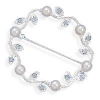 Wavy Circle Fashion Pin with Blue Swarovski Crystals and White Simulated Pearls Wavy Circle Fashion Pin with Blue Swarovski Crystals and White Simulated Pearls