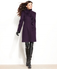 A feminine cascade of ruffles softens up DKNY's petite walker. The streamlined silhouette keeps this coat looking crisp. A feminine cascade of ruffles softens up DKNY's petite walker. The streamlined silhouette keeps this coat looking crisp.