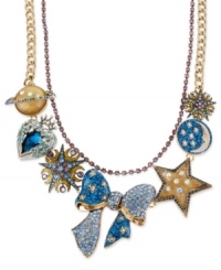 Everything ties together in this multi-charm frontal necklace from Betsey Johnson. Crafted from gold-tone mixed metal, the necklace is adorned with whimsical charms featuring glitter and glass crystal accents, as well as a big bow charm in the center. Approximate length: 16 inches + 3 inch extender. Approximate drop: 2 inches. Everything ties together in this multi-charm frontal necklace from Betsey Johnson. Crafted from gold-tone mixed metal, the necklace is adorned with whimsical charms featuring glitter and glass crystal accents, as well as a big bow charm in the center. Approximate length: 16 inches + 3 inch extender. Approximate drop: 2 inches.