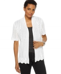 This crochet cardigan from JM Collection is the perfect topper with separates and dresses alike! This crochet cardigan from JM Collection is the perfect topper with separates and dresses alike!