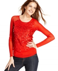 Tonal sequins light up this DKNY Jeans mesh top. Pair it with denim for a casual, yet totally glam ensemble! Tonal sequins light up this DKNY Jeans mesh top. Pair it with denim for a casual, yet totally glam ensemble!