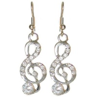 1/2 X 1 1/2 Treble Clef Earrings with Rhinestones In Crystal with Silver Finish