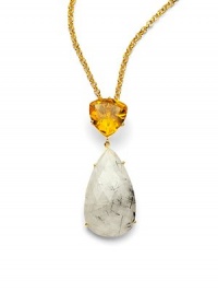 THE LOOKA bold faceted teardrop of rutile quartzHangs from a gold-colored faceted glass trillionGolden chainLobster claspTHE FITChain length, about 22, plus 2 extenderPendant length, about 2½THE MATERIALGlass18k goldplatingORIGINImported