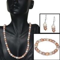 Pink Peach and White Freshwater Pearl Necklace Earrings Bracelet Set 7-8mm 18 Pink Peach and White Freshwater Pearl Necklace Earrings Bracelet Set 7-8mm 18