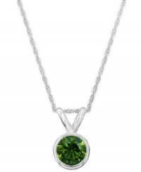 Burst onto the style scene. A round-cut, bezel-set green diamond (1/4 ct. t.w.) shines in a luminous 14k white gold setting. Approximate length: 18 inches. Approximate drop: 1/3 inch. Burst onto the style scene. A round-cut, bezel-set green diamond (1/4 ct. t.w.) shines in a luminous 14k white gold setting. Approximate length: 18 inches. Approximate drop: 1/3 inch.