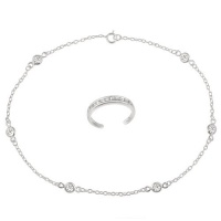 Sterling Silver Cubic Zirconia Toe Ring and Chain Anklet with Cubic Zirconia Stations, 10 Sterling Silver Cubic Zirconia Toe Ring and Chain Anklet with Cubic Zirconia Stations, 10