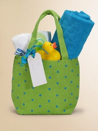 A handmade mini tote is filled to the brim with baby essentials for every new arrival. The adorable carry-all includes a hooded baby towel, coordinating washcloth with ribbon tie, toddler bib and a rubber ducky. Towel, 30 square Washcloth, 13 square Tote (natural jute fabric), 12W X 8½H X 4D Washcloth, towel, bib, cotton terry velour Machine wash Imported