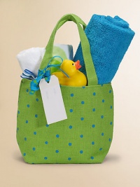 A handmade mini tote is filled to the brim with baby essentials for every new arrival. The adorable carry-all includes a hooded baby towel, coordinating washcloth with ribbon tie, toddler bib and a rubber ducky. Towel, 30 square Washcloth, 13 square Tote (natural jute fabric), 12W X 8½H X 4D Washcloth, towel, bib, cotton terry velour Machine wash Imported A handmade mini tote is filled to the brim with baby essentials for every new arrival. The adorable carry-all includes a hooded baby towel, coordinating washcloth with ribbon tie, toddler bib and a rubber ducky. Towel, 30 square Washcloth, 13 square Tote (natural jute fabric), 12W X 8½H X 4D Washcloth, towel, bib, cotton terry velour Machine wash Imported
