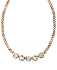 A shining example. Jessica Simpson's frontal necklace is crafted from gold-tone mixed metal with five glass crystal stones providing a gleaming, glamorous touch. Approximate length: 16 inches. A shining example. Jessica Simpson's frontal necklace is crafted from gold-tone mixed metal with five glass crystal stones providing a gleaming, glamorous touch. Approximate length: 16 inches.