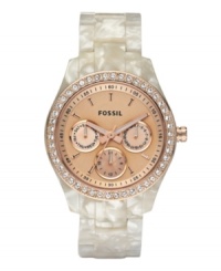 Pearly white and rosy gold tone combine with rich effect on this Stella watch by Fossil. Pearly white and rosy gold tone combine with rich effect on this Stella watch by Fossil.