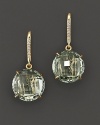 Diamond pavé hooks lend sparkle to faceted green quartz and 18K yellow gold.