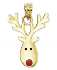Get in the spirit with this playful reindeer head charm! Crafted in 14k gold, charm features black enamel eyes and a red enamel nose just like Rudolph! Chain not included. Approximate length: 8/10 inch. Approximate width: 3/5 inch. Get in the spirit with this playful reindeer head charm! Crafted in 14k gold, charm features black enamel eyes and a red enamel nose just like Rudolph! Chain not included. Approximate length: 8/10 inch. Approximate width: 3/5 inch.