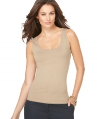 Ellen Tracy's casual tank top is a key item for a versatile wardrobe. Perfect for layering under cardis and blazers. Ellen Tracy's casual tank top is a key item for a versatile wardrobe. Perfect for layering under cardis and blazers.