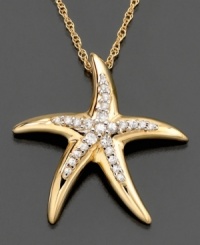 Carefree and timeless, this beautiful diamond starfish necklace adds a whimsical touch to your everyday look. Featuring round-cut diamonds (1/10 ct. t.w.) set in 14k gold. Approximate length: 18 inches. Approximate drop: 3/4 inch. Carefree and timeless, this beautiful diamond starfish necklace adds a whimsical touch to your everyday look. Featuring round-cut diamonds (1/10 ct. t.w.) set in 14k gold. Approximate length: 18 inches. Approximate drop: 3/4 inch.