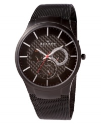 Sophisticated style for every day. This Skagen Denmark watch features a black ion-plated titanium mesh bracelet and round stainless steel case. Multifunctional black dial with logo, silvertone stick indices and three subdials. Quartz movement. Water resistant to 30 meters. Limited lifetime warranty. Sophisticated style for every day. This Skagen Denmark watch features a black ion-plated titanium mesh bracelet and round stainless steel case. Multifunctional black dial with logo, silvertone stick indices and three subdials. Quartz movement. Water resistant to 30 meters. Limited lifetime warranty.