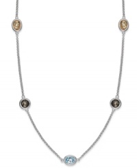 Pretty pops of color, all in a row. This delicate strand necklace features round and oval-cut stations of blue topaz (1-1/3 ct. t.w.), citrine (1-1/2 ct. t.w.) and amethyst (1-1/2 ct. t.w.). Setting and lobster claw clasp crafted in sterling silver. Approximate length: 17 inches. Pretty pops of color, all in a row. This delicate strand necklace features round and oval-cut stations of blue topaz (1-1/3 ct. t.w.), citrine (1-1/2 ct. t.w.) and amethyst (1-1/2 ct. t.w.). Setting and lobster claw clasp crafted in sterling silver. Approximate length: 17 inches.