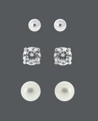 Whether you're going for class, sparkle, or shine, B. Brilliant has got you covered! This three piece earring set features cultured freshwater pearls (4-1/2 mm), round-cut cubic zirconias (1-1/2 ct. t.w.), and polished sterling silver beads (4 mm). All crafted in sterling silver. Whether you're going for class, sparkle, or shine, B. Brilliant has got you covered! This three piece earring set features cultured freshwater pearls (4-1/2 mm), round-cut cubic zirconias (1-1/2 ct. t.w.), and polished sterling silver beads (4 mm). All crafted in sterling silver.