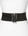Cole Haan cinches your look this season with this zip-buckle belt, which stretches to contour your shape.