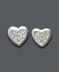 You simply can't go wrong with studs. These fun, flirty heart stud earrings feature a sleek sterling silver setting and round-cut pave diamond (1/10 ct. t.w.) Approximate size: 1/4 inch. You simply can't go wrong with studs. These fun, flirty heart stud earrings feature a sleek sterling silver setting and round-cut pave diamond (1/10 ct. t.w.) Approximate size: 1/4 inch.