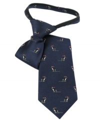 He'll look super festive wearing this skating penguin tie from Tommy Hilfiger. He'll look super festive wearing this skating penguin tie from Tommy Hilfiger.