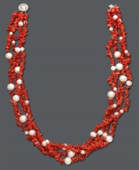 Add an extra boost to your ensemble with vivid color. This bright necklace features four chic rows of coral chips and cultured freshwater pearls (4-8 mm) set in sterling silver. Approximate length: 18 inches. Add an extra boost to your ensemble with vivid color. This bright necklace features four chic rows of coral chips and cultured freshwater pearls (4-8 mm) set in sterling silver. Approximate length: 18 inches.