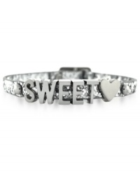 Sweetheart appeal. BCBGeneration's mini affirmation bracelet, crafted from silver-tone mixed metal and a glittery band, delivers a loving statement-and a stylish one, too. Approximate length: 8 inches. Sweetheart appeal. BCBGeneration's mini affirmation bracelet, crafted from silver-tone mixed metal and a glittery band, delivers a loving statement-and a stylish one, too. Approximate length: 8 inches.