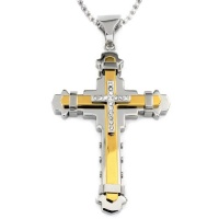 Gold Plated Stainless Steel Men's Cross CZ Pendant with 24 Inch Ball Chain