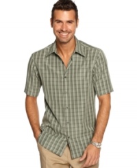 There's a clear path to cool casual style with this grid-plaid shirt from Via Europa. There's a clear path to cool casual style with this grid-plaid shirt from Via Europa.