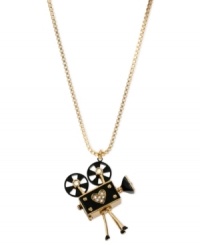 Project yourself with this necklace from Betsey Johnson. Crafted from gold-tone mixed metal and glass accents, this pendant will make sure you're ready for your closeup. Approximate length: 32 inches + 3-inch extender. Approximate drop: 2-1/4 inches. Project yourself with this necklace from Betsey Johnson. Crafted from gold-tone mixed metal and glass accents, this pendant will make sure you're ready for your closeup. Approximate length: 32 inches + 3-inch extender. Approximate drop: 2-1/4 inches.