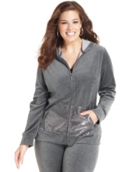 Sequined pockets give this velour plus size hoodie from Style&co. Sport an ultra-luxe look. Sequined pockets give this velour plus size hoodie from Style&co. Sport an ultra-luxe look.