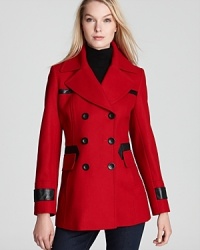 Bright and luxurious, this Via Spiga pea coat is embellished with faux leather accents for a dose of drama this season. Rock statement style with weekend cool-think skinny jeans, a cable knit sweater and your favorite moto boots. Bright and luxurious, this Via Spiga pea coat is embellished with faux leather accents for a dose of drama this season. Rock statement style with weekend cool-think skinny jeans, a cable knit sweater and your favorite moto boots.