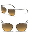 The sunglass shape of the hour--Burberry does the cat eye, dressing up the trendy style in sleek metal with check engraved sides.