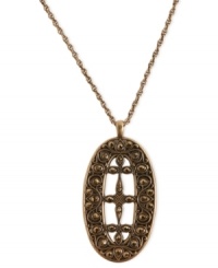 Openwork works in this pendant necklace from Lucky Brand. Crafted from gold-tone mixed metal with semi-precious onyx accents, the necklace also has a fashion-forward openwork pattern. Approximate length: 30 inches + 2-inch extender. Approximate drop: 3-3/8 inches. Openwork works in this pendant necklace from Lucky Brand. Crafted from gold-tone mixed metal with semi-precious onyx accents, the necklace also has a fashion-forward openwork pattern. Approximate length: 30 inches + 2-inch extender. Approximate drop: 3-3/8 inches.
