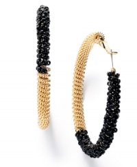 Classic style meets with the latest colorblock craze. Bar III's gold tone mixed metal hoop earrings embrace bold inspiration with the addition of shiny black plastic beads. Approximate diameter: 2 inches. Classic style meets with the latest colorblock craze. Bar III's gold tone mixed metal hoop earrings embrace bold inspiration with the addition of shiny black plastic beads. Approximate diameter: 2 inches.