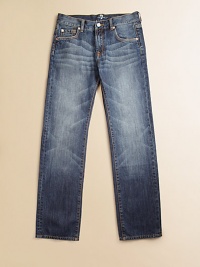 Flawlessly faded, cotton jeans that he will love to wear.Button closureZip flyFront whiskeringFive-pocket styleBelt loopsMetal rivet details Subtly distressed pocketsCottonMachine washImported Flawlessly faded, cotton jeans that he will love to wear.Button closureZip flyFront whiskeringFive-pocket styleBelt loopsMetal rivet details Subtly distressed pocketsCottonMachine washImported